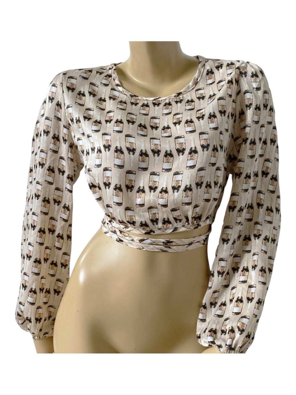Rabbit Rose Top Womens Large Wine Bottle Print Tiw Waist Crop Blouse NWT